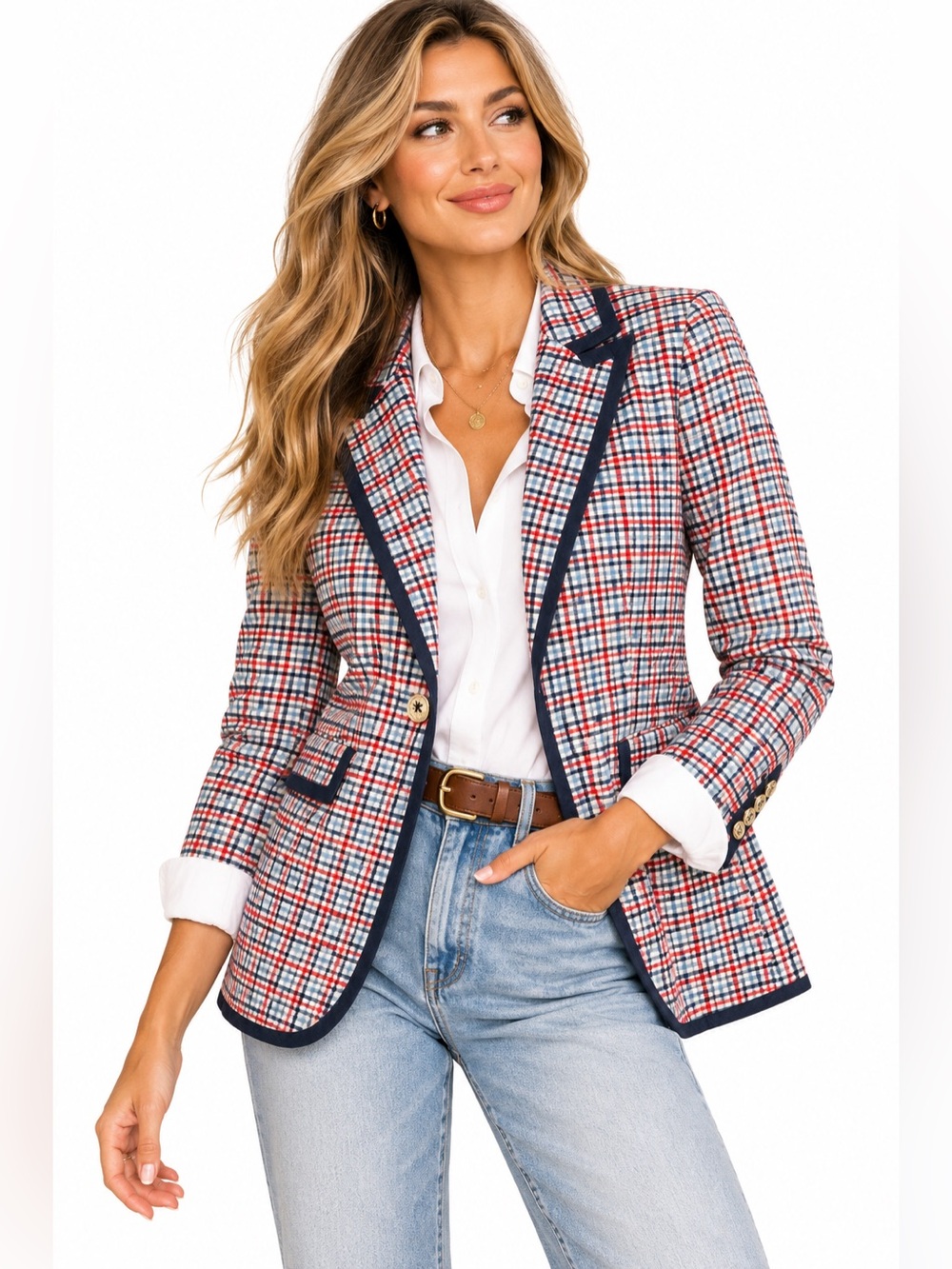 Tommy Hilfiger Plaid Blazer Red White Blue Navy Trim Preppy Jacket 4